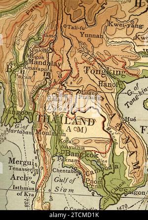Mappa geografica d'epoca in seppia che mostra la Thailandia. Foto Stock