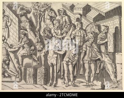 Cavalieri romani, dalla colonna di Traiano, dallo "Speculum Romanae Magnificentiae" 1941 di Marco dente Foto Stock