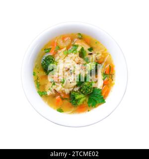 Zuppa di verdure con riso in una ciotola su fondo bianco, cibo gustoso Foto Stock