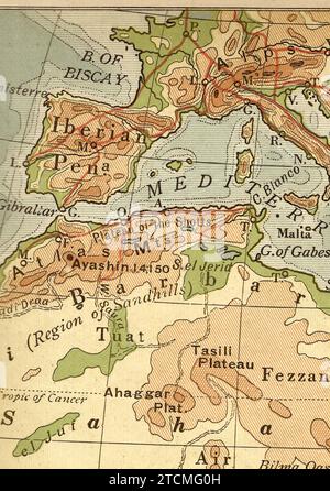 Mappa geografica d'epoca in seppia che mostra l'Europa e l'Africa. Foto Stock