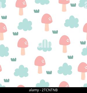 Modello a fungo senza cuciture. Illustrazione vettoriale con funghi e nuvole. Illustrazione Vettoriale
