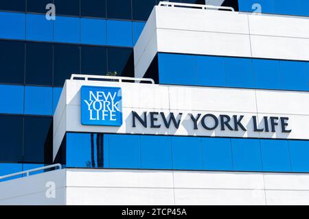 Primo piano del cartello di New York sull'edificio di San Jose, California, Stati Uniti Foto Stock