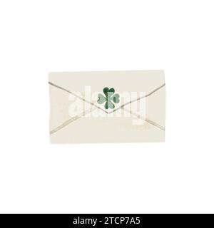 Busta postale di carta bianca con quadrifoglio verde per St. Invito per il giorno di Patrick. Illustrazione ad acquerello isolata su sfondo bianco Foto Stock