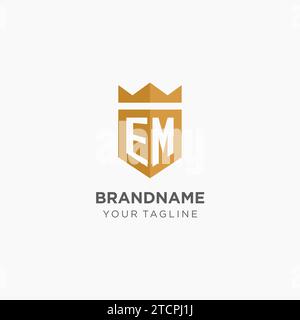 Logo Monogram EM con scudo geometrico e corona, elegante design iniziale del logo grafico vettoriale Illustrazione Vettoriale