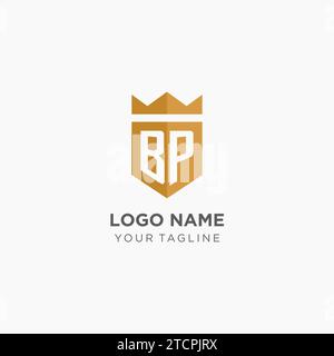 Logo BP monogramma con scudo geometrico e corona, elegante logo iniziale grafico vettoriale Illustrazione Vettoriale