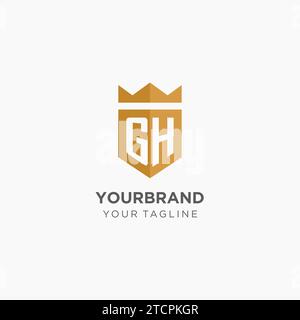 Logo monogramma GH con scudo geometrico e corona, elegante logo iniziale grafico vettoriale Illustrazione Vettoriale