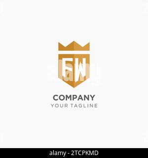 Logo FW monogramma con scudo geometrico e corona, elegante design iniziale del logo grafico vettoriale Illustrazione Vettoriale