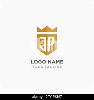 Logo monogramma JP con scudo geometrico e corona, elegante logo iniziale grafico vettoriale Illustrazione Vettoriale