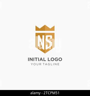 Logo NS monogramma con scudo geometrico e corona, elegante logo iniziale grafico vettoriale Illustrazione Vettoriale