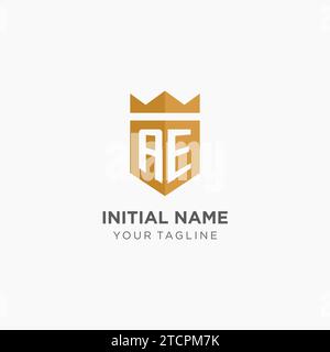 Logo monogramma AE con scudo geometrico e corona, elegante logo iniziale grafico vettoriale Illustrazione Vettoriale