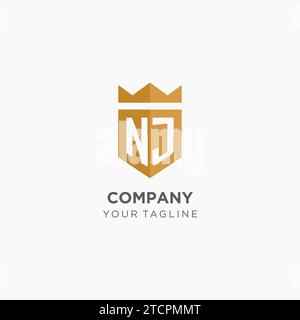 Logo Monogram NJ con scudo geometrico e corona, elegante design iniziale del logo grafico vettoriale Illustrazione Vettoriale