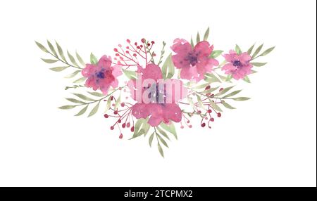 Composizione floreale acquerello con fiori rosa e fogliame verde. Illustrazione botanica ad acquerello disegnata a mano. Da utilizzare per la progettazione di matrimoni e saluti Foto Stock