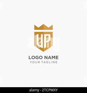 Logo Monogram UP con scudo geometrico e corona, elegante design iniziale del logo grafico vettoriale Illustrazione Vettoriale