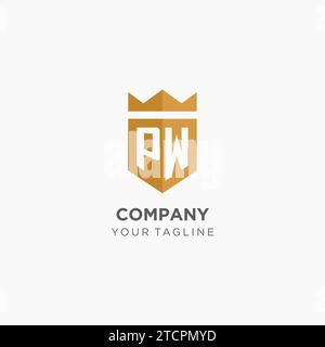 Logo PW monogramma con scudo geometrico e corona, elegante logo iniziale grafico vettoriale Illustrazione Vettoriale