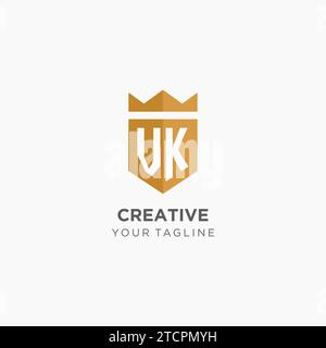 Logo Monogram VK con scudo geometrico e corona, elegante logo iniziale grafico vettoriale Illustrazione Vettoriale