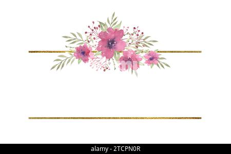 Cornice quadrata floreale ad acquerello composta da linee con composizioni di fiori rosa e verde, cornice con texture dorata. Illustrazione disegnata a mano Foto Stock