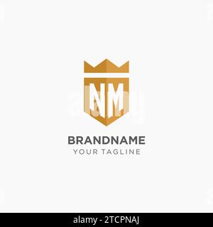 Logo NM monogramma con scudo geometrico e corona, elegante logo iniziale grafico vettoriale Illustrazione Vettoriale