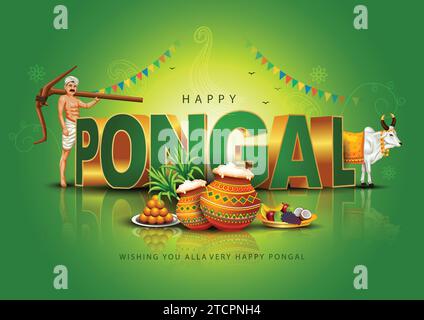 Festa del Tamil Nadu Happy Pongal con oggetti di scena Pongal, sfondo festivo, biglietto d'auguri per festeggiamenti pongal, disegno illustrativo vettoriale. Illustrazione Vettoriale