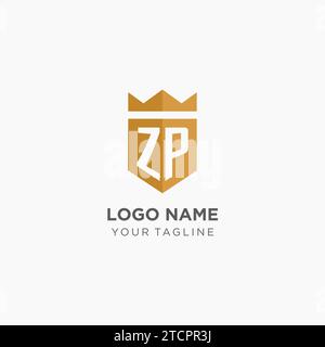 Logo monogramma ZP con scudo geometrico e corona, elegante logo iniziale grafico vettoriale Illustrazione Vettoriale