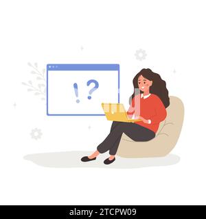 Informazioni sulle domande frequenti. Donna con notebook alla ricerca di risposte. Assistenza clienti e assistenza online. Domande frequenti. Illustrazione vettoriale in piano Illustrazione Vettoriale