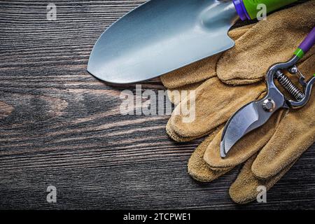 Cesoia a cucchiaio da giardino guanti di sicurezza su tavola di legno Foto Stock