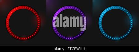 Set di insegne rotonde con luci retrò al neon. Disegno vettore di sfondo astratto Illustrazione Vettoriale