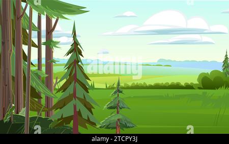 Bordo della foresta di conifere. Paesaggio paesaggio. Divertente stile cartoni animati. Vettore Illustrazione Vettoriale