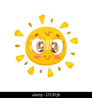 Personaggio del sole sorridente dei cartoni animati con volto kawaii, emoji soleggiata o icona vettoriale delle emoticon. Sole allegro e carino con occhi allegri e raggi di sole gialli per bambini o bambini emoji comiche o adesivo emozionale Illustrazione Vettoriale