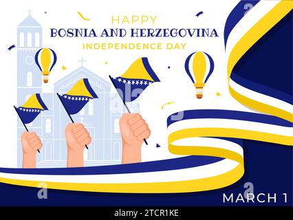 Illustrazione vettoriale del giorno dell'indipendenza della Bosnia ed Erzegovina il 1 marzo con la bandiera sventolante e il Landmark Building su sfondo pianeggiante Memorial Holiday Illustrazione Vettoriale