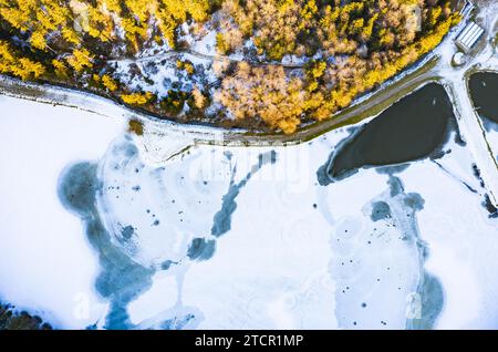 Volo sul lago ghiacciato nella foresta, Austria. Fotografia aerea durante la stagione invernale Foto Stock