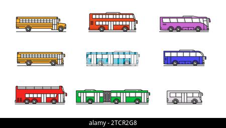 Icone delle linee di colori di città, viaggi e scuolabus. Trasporto urbano e pubblico, pittogramma vettoriale per il trasporto di passeggeri in città con autobus a due piani, trasferimento aeroportuale e viaggi turistici, autobus articolato Illustrazione Vettoriale