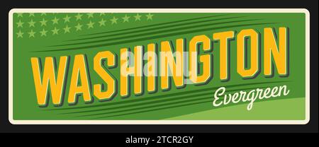 Insegna vintage dello stato di Washington Evergreen, capitale dell'Olympia, cartellone o targa di viaggio della città di Seattle. Banner turismo vettoriale, cartolina retrò. Cartello stradale d'epoca, la capitale americana di Washington D.C. Illustrazione Vettoriale