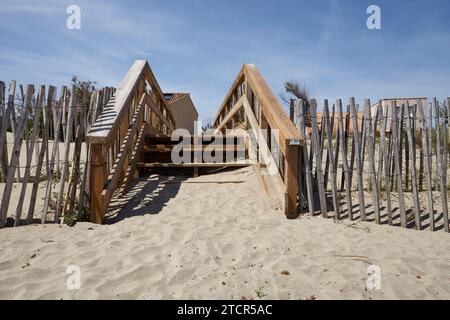 Accesso e recinzione protettiva per prevenire l'erosione sulla spiaggia di Frontignan, Herault, Occitania, Francia Foto Stock