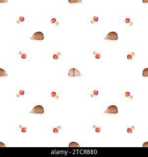 Motivo ad acquerello senza cuciture con riccio carino. Con funghi, graziosa stampa di animali per tessuti e pannolini per bambini Foto Stock