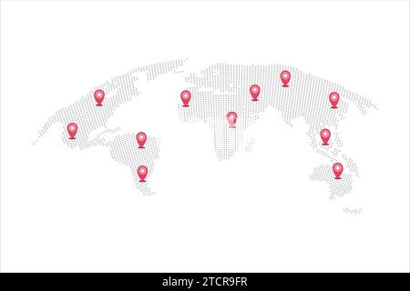 Mappa del mondo con puntatori a spillo per indicare l'illustrazione vettoriale Illustrazione Vettoriale