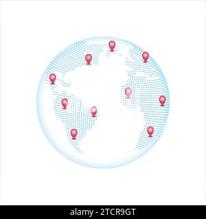 Mappa del mondo del globo punteggiato con puntatori puntatori puntatori puntatori di puntamento a puntini Illustrazione Vettoriale