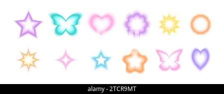 Set di adesivi alla moda y2k con effetto aura gradiente. Simpatiche stelle, scintillanti, fiori, farfalle, forme di cuore al neon, olografiche e sfocate isolate su sfondo bianco. Illustrazione vettoriale Illustrazione Vettoriale