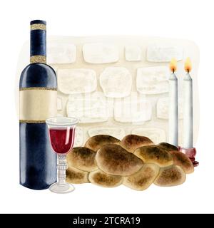 Scena dello Shabbat sul muro occidentale di Gerusalemme con due candele in fiamme, Challah, illustrazione ad acquerello di una bottiglia di vino rosso Foto Stock