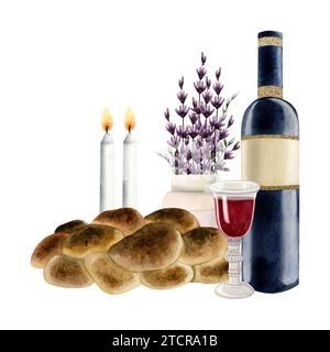 Scena dello Shabbat ebraico con due candele in fiamme, Challah, bouquet di fiori di lavanda e illustrazione di un bicchiere di vino rosso Foto Stock