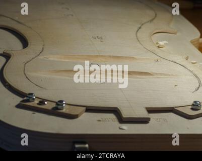 Liutaio artigianale a corde intagliano una piastra posteriore per violoncello in legno di abete rosso con incisione a Cremona, Italia Foto Stock