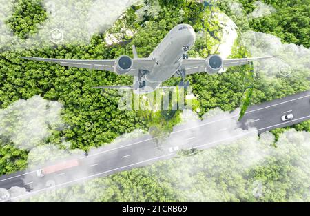 Concetto di combustibile per aviazione sostenibile. Volo a emissioni zero nette. Trasporti sostenibili. Carburante ecologico per aviazione. Viaggi aerei. Il futuro del volo Foto Stock