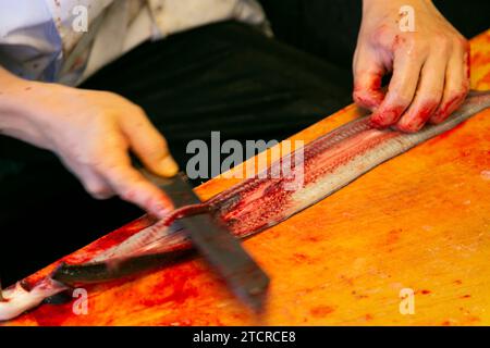 Chef giapponese che prepara e pulisce un'anguilla. L'anguilla affumicata alla griglia è il cibo più tradizionale di Narita, Chiva, Giappone. Foto Stock