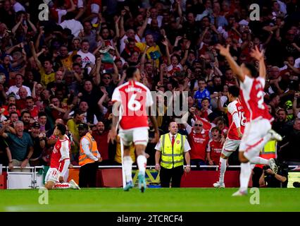 Foto del file datato 08-10-2023 di Gabriel Martinelli dell'Arsenal che celebra il punteggio contro il Manchester City. Gabriel Martinelli uscì dalla panchina per segnare l'unico gol della partita quando l'Arsenal batté il Manchester City in Premier League per la prima volta dal 2015. Data di emissione: Giovedì 14 novembre 2023. Foto Stock