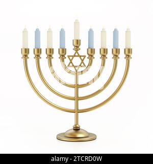 Candele Hanukkah (menorah) isolate su sfondo bianco. Illustrazione 3D. Foto Stock