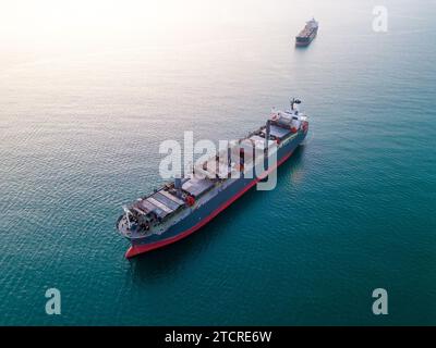 Un'enorme nave da carico che trasporta trucioli di legno nel mare, vista aerea. Foto Stock