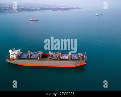 Un'enorme nave da carico che trasporta trucioli di legno nel mare, vista aerea. Foto Stock