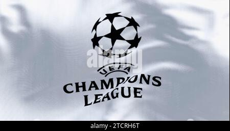 Londra, Regno Unito, novembre 25 2023: Primo piano della bandiera della UEFA Champions League. Competizione calcistica europea. Tessuto ondulato. Sfondo testurizzato. Illustrat Foto Stock