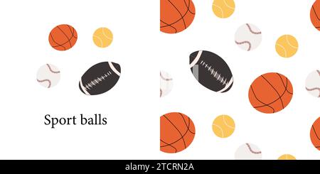 palline per rugby, baseball, tennis, sfondo da basket e motivo senza cuciture. L'illustrazione vettoriale può essere utilizzata per motivi maschili, oggetti sportivi, tessuti, carta da parati, poster. Palline sportive - cartone animato piatto. Illustrazione Vettoriale