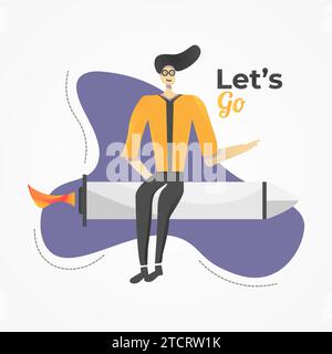 Young Entrepreneur Riding Rocket. Illustrazione piatta di uomo d'affari in stile casual Illustrazione Vettoriale