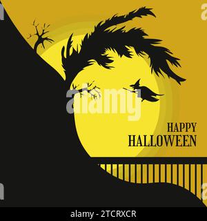 Illustrazione di sfondo di Halloween con silhouette di strega volante e albero spettrale sulla scogliera Illustrazione Vettoriale